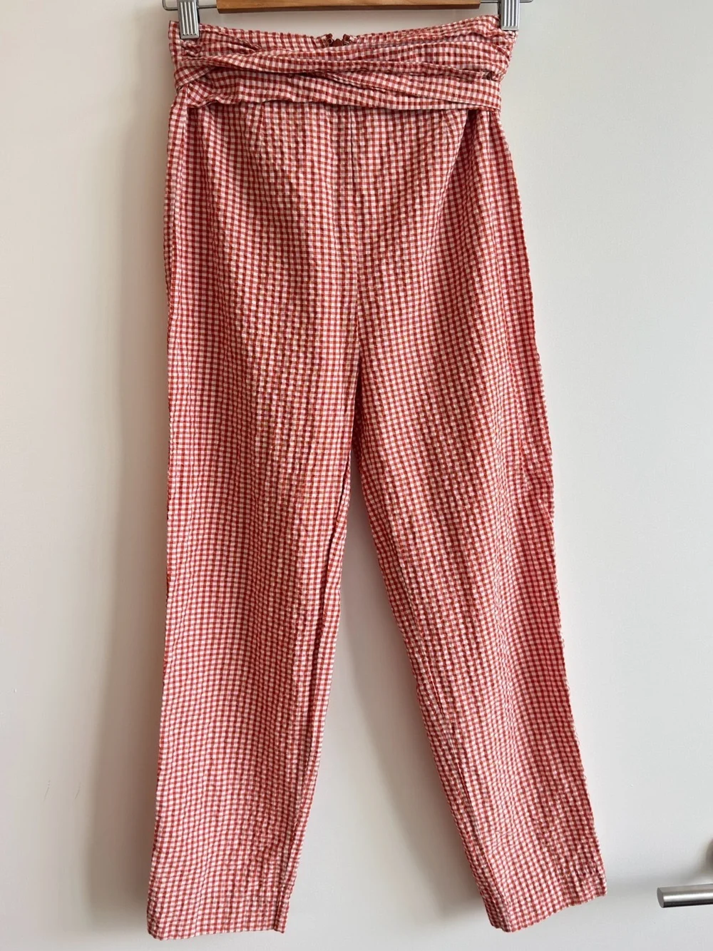 Free People Orange White Gingham Tie Waist Cropped Pants Size 2 Cottagecore
